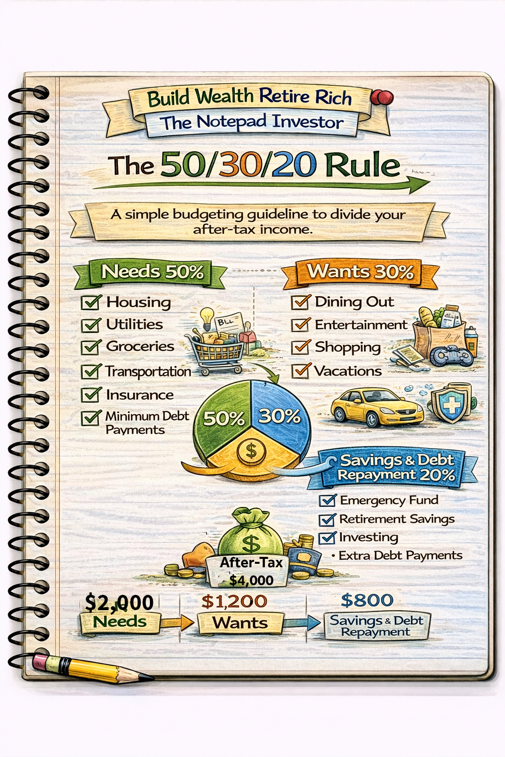 Notebook sketch explaining personal finance