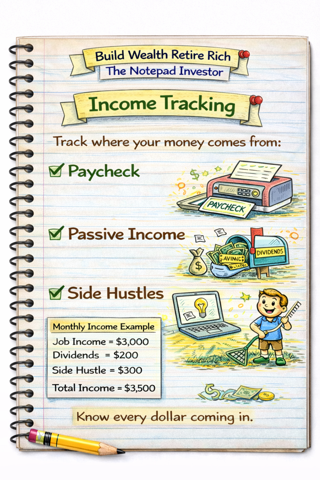 Notebook sketch explaining personal finance
