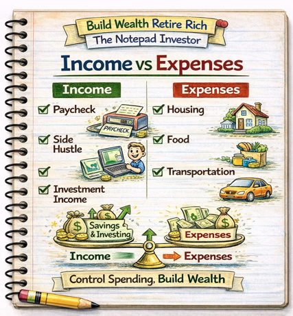 Notebook sketch explaining personal finance