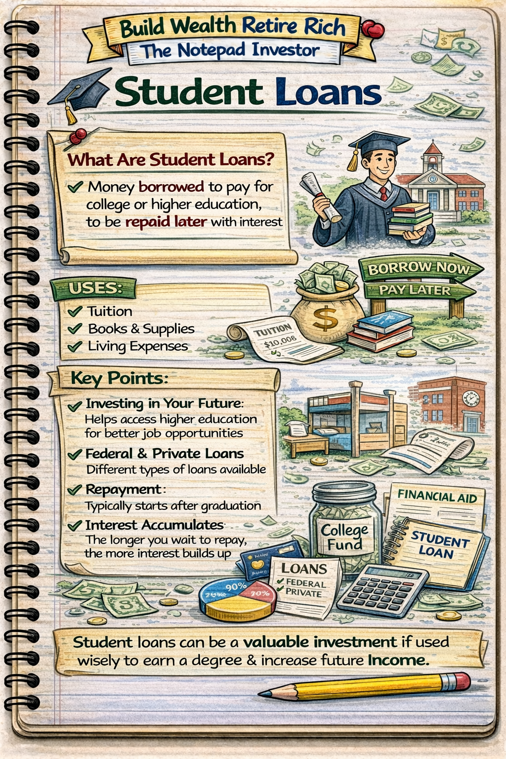 Notebook sketch explaining personal finance