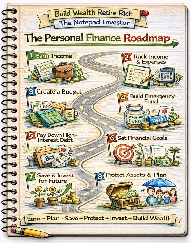Notebook sketch explaining personal finance