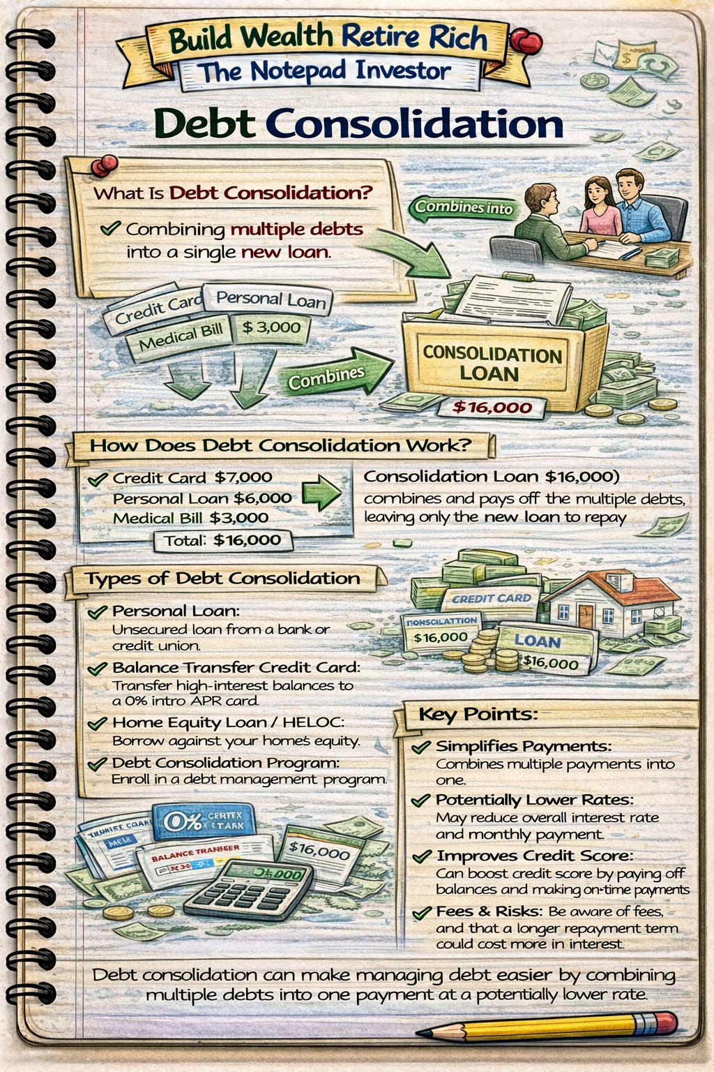 Notebook sketch explaining personal finance